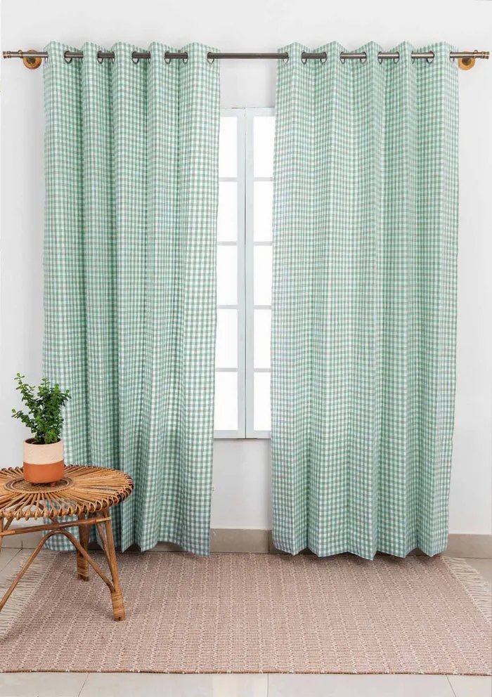 Gingham Woven Geometric Sage Green Curtains