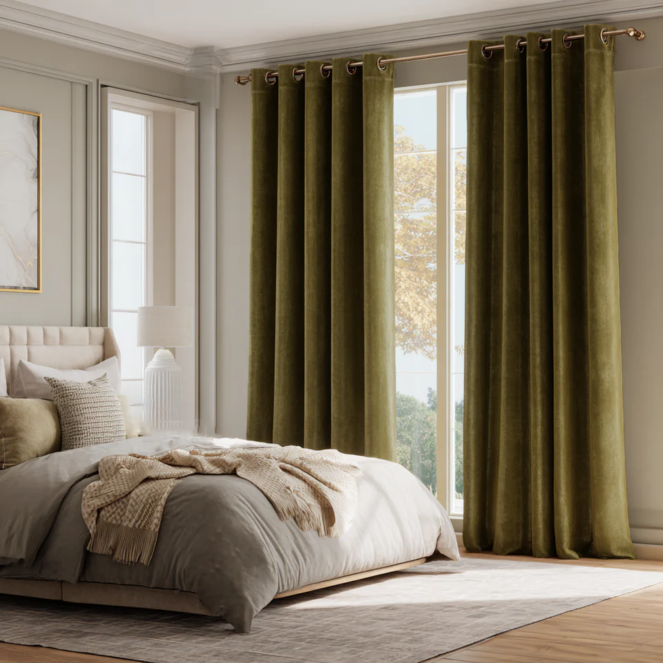Olive Green Velvet Blackout Grommet Curtain
